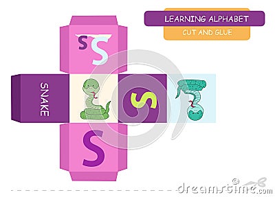 Ð¡ut and glue the cube: Letter S. Educational game for kids. Cute zoo alphabet a-z in vector for children. Letter S Vector Illustration